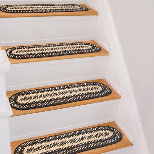 Homespice Manchester Jute-Stufenmatten aus geflochtenem Landhausstil, 13 Stück, schwarz und hellbraun, ovale Teppiche für Treppen, leicht zu reinigen, dicht genäht und langlebig
