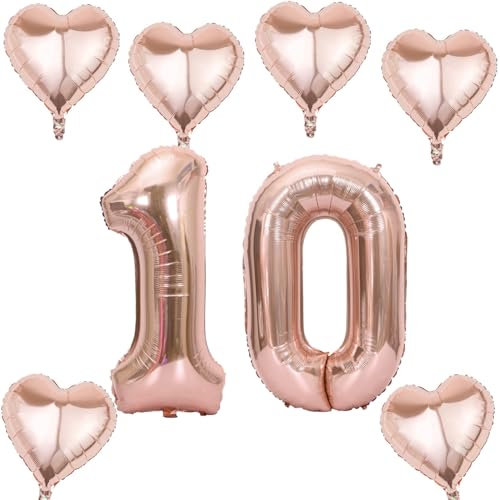 Roségold Zahlen Luftballon 10 +6 pcs herz Heliumballon 10. Geburtstag Deko für Mädchen,40 Roségold Riesen Folienballon 10 für 10 Jahre Geburtstag deko, Helium Zahlenballon 10