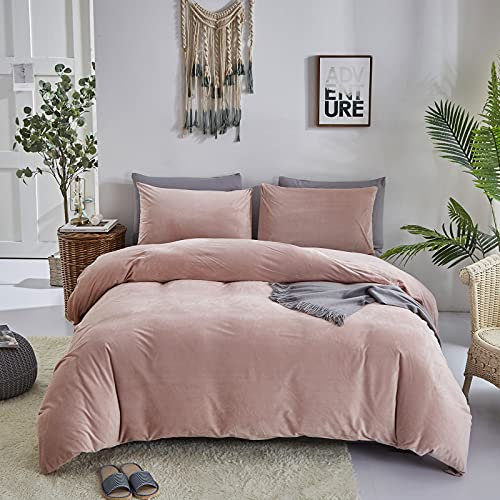 Wellboo Pink Plush Duvet Cover Twin Size - Blush Fluffy Bedding Velvet Girls Plain Light Red Rose Flannel Quilt Cover - Soft Warm Dusty Luxury Fuzzy Shaggy Bedding 3 Pieces