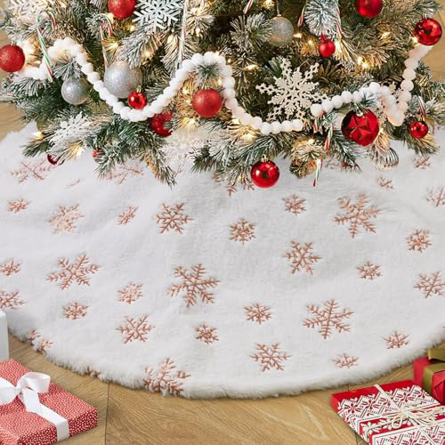 48 Inch White Tree Skirt Rose Gold Snowflakes Faux Fur Tree Skirts Large Plush Tree Skirts Christmas Tree Decorations Xmas Tree Mat