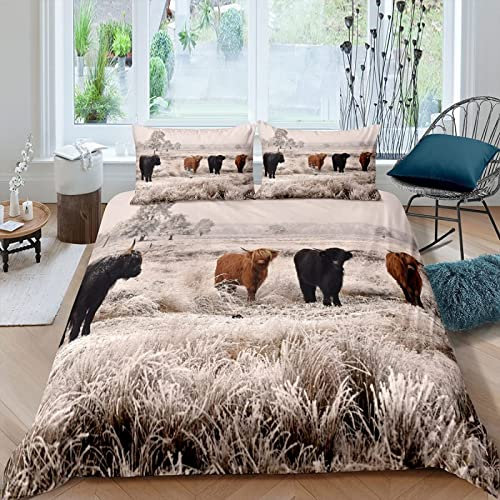 igyhuij Bettwäsche 135x200 Highland Kuh beige Wildnis 3D Winter Weich Kuschelige Mikrofaser Bettwaren 1 x Bettbezug mit 2 x Kissenbezug 80x80 cm mit Reißveschluss