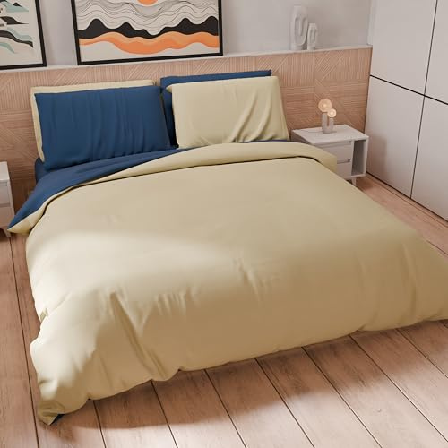 PETTI Artigiani Italiani - Double Duvet Cover, Duvet Cover and Pillowcases in Microfiber, Bicolor Night Blue/Taupe, 100% Made in Italy
