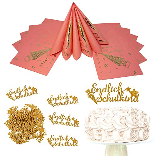 Oblique Unique® Schuleinführung Einschulung Schulanfang Deko Set für Mädchen und Jungen - Endlich Schulkind Torten Topper + Konfetti + 20 Servietten