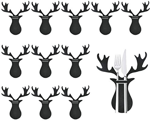 Dereine 12 Stück Bestecktasche Weihnachten, Besteckbeutel Weihnachten, Besteckhalter Weihnachten, Elchkopf, Weihnachten Tischdeko für Besteck, Messer, Gabeln, Löffel