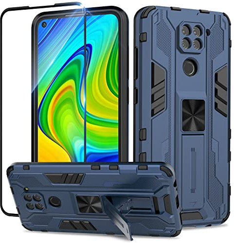Btstring Hülle kompatibel mit Xiaomi Redmi Note 9 mit Schutzfolie, Militär Standard Cover Case Standfunktion Handy Hüllen - Blau