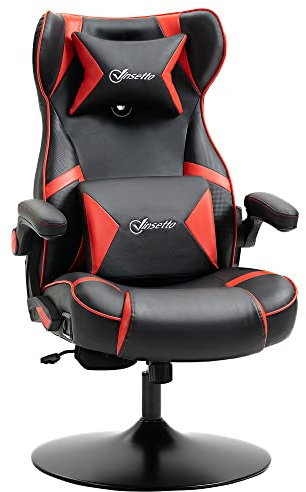 Vinsetto Chaise de Gaming Ergonomique avec 2 Haut-parleurs intégrés Base Ronde Hauteur réglable accoudoir relevable Coussins têtière et lombaires PU Noir et Rouge