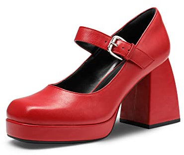 DREAM PAIRS Damen Mary Janes Pumps mit Blockabsatz, Plateau Plateauschuhe, Kleider, Brautschuhe Party, Damenschuhe, Size 40, Rot-Pu, SDPU2331W