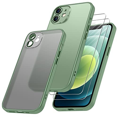 Qasyfanc Matt Handyhülle Kompatibel mit iPhone 12, Hülle mit Kameraschutz und 2 Stück Schutzfolie, Hard PC Nie Vergilbung Case Militärschutz Kratzfest rutschfest Schutzhülle, Leicht Klar Grün
