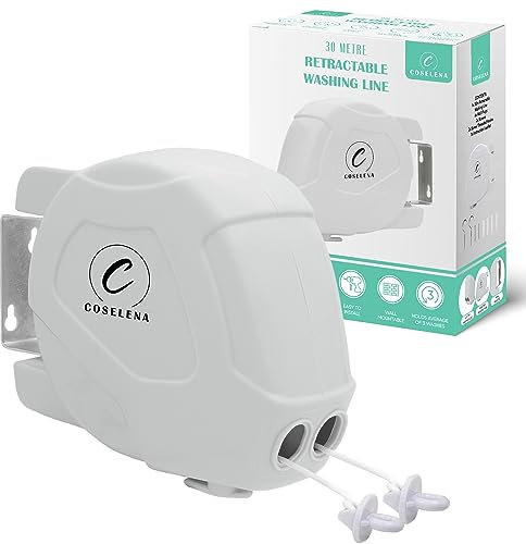 Coselena Stendibiancheria retrattile da 30 m, resistente, con gancio, estensibile, antiscivolo, per interni ed esterni, colore: bianco