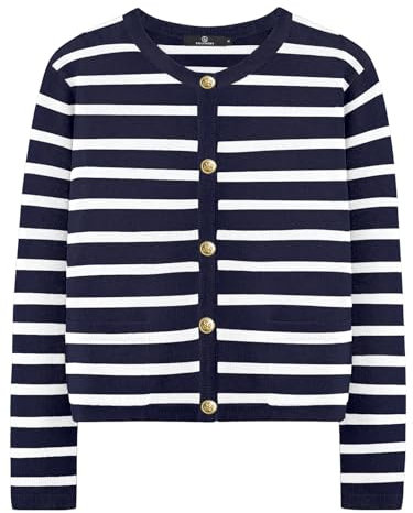 LILLUSORY Strickjacke für Damen, Pullover, Herbst-Outfit, Kleidung, modisch, bauchfrei, trendig, lässig, langärmelig, marineblau/weiß, Mittel