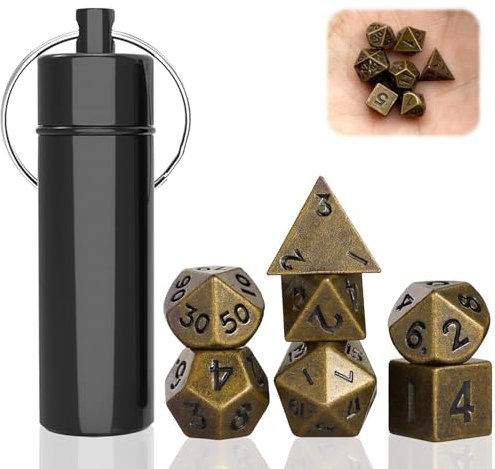 Uirheurd Mini Dice Set 7 Stück DND Würfel Set mit Würfel Fall Schlüsselanhänger, Bronze Metall Dice Polyedrisches Würfel Set für Dungeons und Dragons RPG MTG DND Würfel Tischspiele Gifts