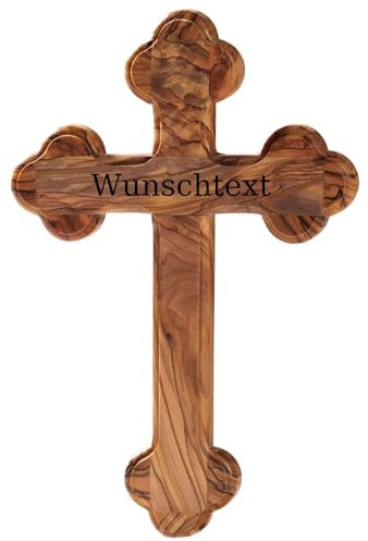 Kassis Geschenkartikel Olivenholz Kreuz Kruzifix Wandkreuz schlicht mit runden Kanten zum Aufhängen aus Bethlehem zur Firmung, Taufe, Kommunion (Wunschtext, 22,50 cm)
