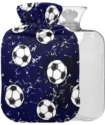 MCHIVER Blaue Fußball-Wärmflasche mit Bezug, 2 l, großer warmer Wasserbeutel für Kinder, Männer, Frauen, Schmerzlinderung