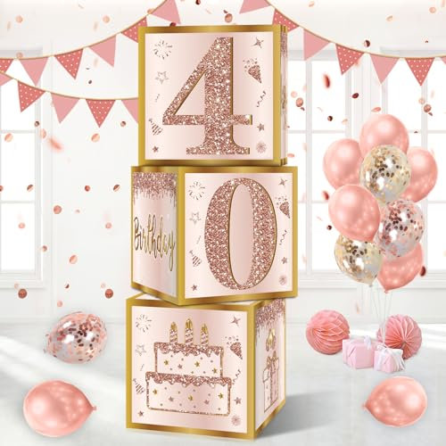 Guiruiy 3Pcs 40th Birthday Decorations Boxes for Women, Pink Rose Gold 40th Birthday Balloons Boxes Party Supplies, Pink Forty Year Old Bday Theme Cardboard Box Decor