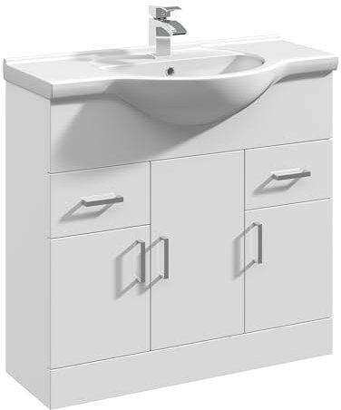 Balterley Vanity Unit with Basin Floor Standing, 3 Door 2 Drawer Soft Close with Curve Sink & Handle, Bathroom Vanity Units with Basin, Bathroom Sink Storage Cabinet - 855 x 485 x 836mm (Gloss White)