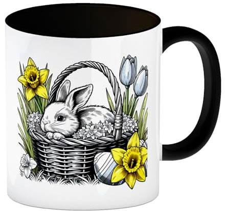 Osterhase im Osternest Kaffeebecher in schwarz Süßer Osterhase im Korb Tasse im Osterkorb-Design Osterglocken Blumen Tasse