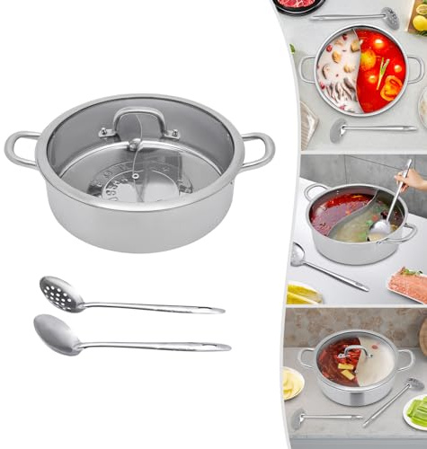 Edelstahl Hot Pot Suppentopf Shabu HeißEr Topf Nudeltopf Kochtopf Mit Suppenkellen Griffe Glas Deckel Teiler Doppelseitiges Suppen Kochgeschirr FüR Haushalten Hotel KüChen Modern Silber 32Cm