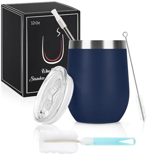 Joymaking 12oz Insulated Stainless Steel Wine Tumbler with Lid and Straw, Double Walled Wine Glass Tumbler Gift for Women, Great for Hot & Cold Drinks -Wine, Champagne, Coffee, Ice Cream, Dark Blue