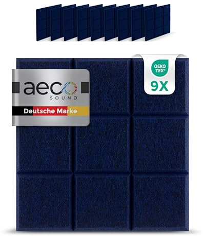 Aeco Sound® - Panneaux Acoustiques en Feutre | 9 pièces de 30x30cm | auto-adhésifs | feutre acoustique extra épais de 1,5cm | isolation phonique, réduction de bruit (Bleu foncé)