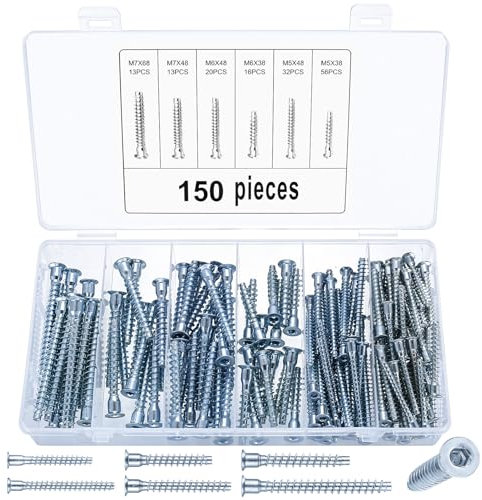 150 Pcs Vis de Confirmation pour Meubles, Vis à Tête Plate pour Meubles, Vis à Bois à Six Pans Creux, Vis de Connexion à Tête Hexagonale pour Meubles Armoire Placard, Zinc Blanc, M5/M6/M7