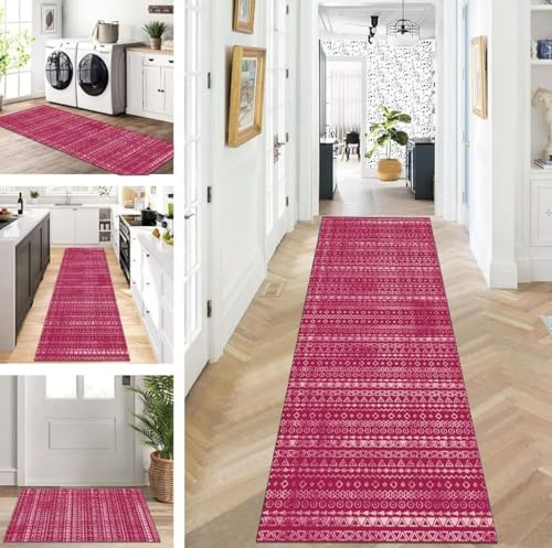 ZUZEKU Läufer Flur Küche Waschbar rutschfest 60X120cm Pink Lang Küchenteppich Flurteppich Teppich Fur Korridor Wohnzimmer Schlafzimmer Meterware Anpassbar