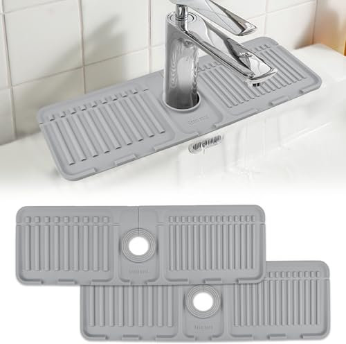 NAROSEBE 2 Pcs Tapis de Robinet en Silicone, Tapis Robinet Évier Anti Éclaboussure, Tapis de Séchage Robinet 44,5x14 cm, Tapis Robinet Cuisine Anti-Gouttes, pour Évier Lavabo Salle de Bain - Gris
