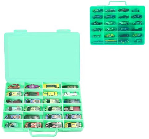 RHCOM Spielzeug-Aufbewahrungskoffer für Hot Wheels Auto, für Streichholzschachtel-Autos, Mini-Spielzeug, für kleine Puppen, Tragetasche Container Carrier mit 24 Fächern (nur Box), grün, Einfach