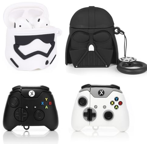 (4 Packung) Hülle für AirPods 2nd/1st Erzeugung Ohrhörer, XMBYGY Silikon Aufladung Fall Schutz Abdeckungen mit Niedlich Cartoon Haut Design für AirPods 1/2, mit Karabiner (BKsoldier+WT+GamepadBK+Wht)