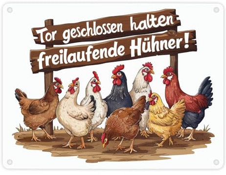 Freilaufende Hühner - Tor geschlossen halten Metallschild in 15x20 cm Bauernhof Holzschild Verspieltes Design und skurrile Typografie Ländlicher Charme
