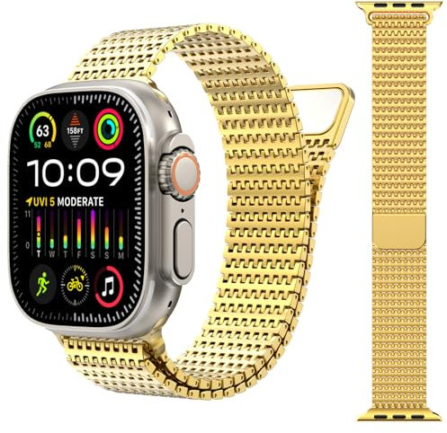 Fullife Milanese Armband Kompatibel mit Apple Watch 49mm 46mm 45mm 44mm 42mm(Serie 3 2 1),Edelstahl Metallarmband Magnetisch Ersatzarmband für iWatch Ultra 3 2 1 Series 11 10 9 8 7 6 SE 5 4 3 2 1,Gold