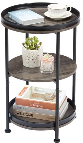 ZEXVIDA Vintage Runder Beistelltisch, 3-stufiger Industrieller Beistelltisch Mit Robustem Metallrahmen, Sofatisch für das Wohnzimmer, Metall-Nachttisch (Grau)