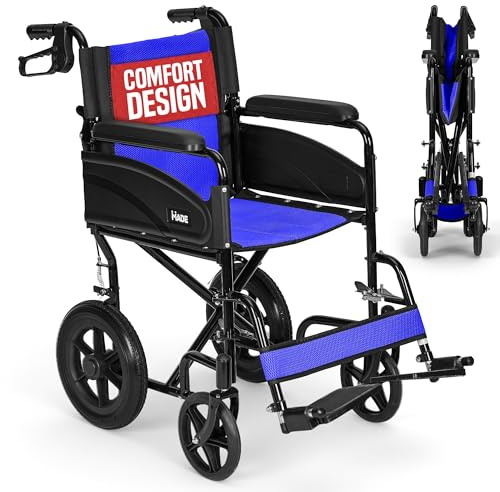 Lightweight Folding Wheelchair 20in Seat - Transit Chair, Footrests, Blue | 13kg frame, 120kg user capacity, Folds to 21cm, 12in rear wheels, Puncture proof tyres, Cushioned armrests