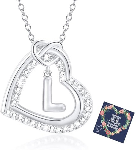 Esmoly Kette Damen Silber Necklace Women Zirkonia Herz Anhänger Kette mit Buchstaben A-Z Halskette Damen mit Kasten Geschenke für Frauen Freundin 17.2+2 Inches (Silber L)