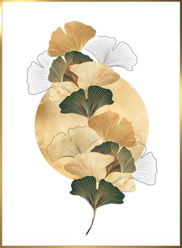 STYLER Bild Gilded Ginkgo 50x70 cm mit goldenem Rahmen – Elegantes Wandbild für Ihr Zuhause – Ginkgo-Blätter Gold Modern Minimalistisch Deko