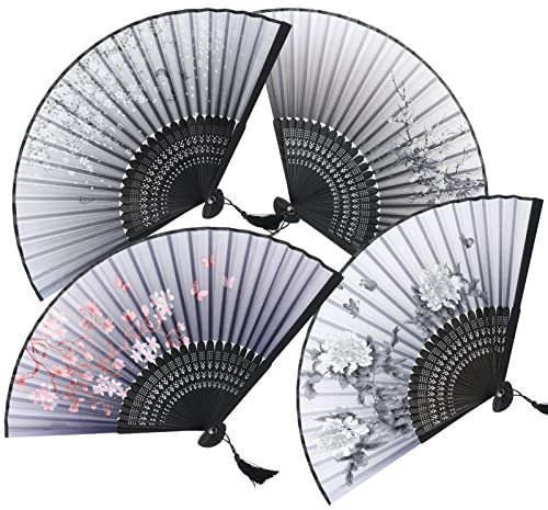 olyee 4 Stück Fächer Handfächer Hochzeit Chinesische Blumen Stoff Faltbare Hand Fan mit Quasten Fächer Damen Herren für Hochzeit, Geburtstag, Fotografie, Wanddeko