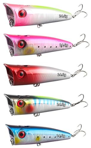 Oberflächenfischen Popper Köder, WASAGA 5 stück 14,6g / 20g Wassersprühfisch Schwimmender Topwater Köder für Hecht Bass Lachs Barsch