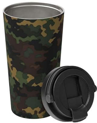 Thermobecher mit Camouflage-Muster, Edelstahl, isoliert, doppelwandig, Vakuum-Thermosbecher mit Klappdeckel und Griff, auslaufsicher, Reisebecher für heiße und kalte Getränke, 473 ml