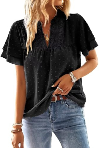 TUUHAW Camisetas Manga Corta Mujer Cuello en V Blusa Verano Elegante Top | Boho Túnica, Volantes Encaje, Casual Plisada Ropa, Boho Cómodo Camiseta, Suelto Dentella Tops, Plisada Color Sólido Holgadas