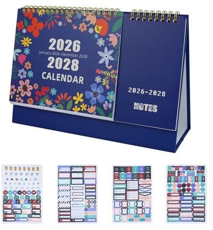 FuninCrea Kalender 2026-2028, 3 Jahre Tischkalender mit Notizen und 4 Aufklebern, Familienplaner Kalender für Monatsplaner, Countdown-Kalender, Geschenk für Weihnachten, Neujahr (Blau)