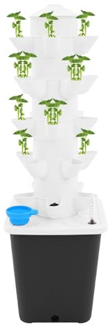 Hydroponik-Anbauturm,5 Schichten,25 Pflanzen Hydroponics Grow Tower, Vertikales Hydrokulturturm-Gartensystem mit Wasserpumpe und2.64 Gal Wassertank für Erdbeeren,Salat (Grauer Wassertank Weiße Säulen)