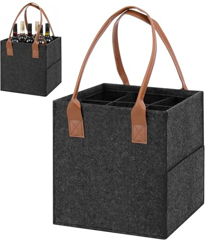 Mittimiya Große Kapazität Flaschenträger 6 Flaschen, Flaschentasche aus Filz mit Ledergriff, Faltbare Männerhandtasche Bier für Weinflasche, Getränkeflaschen, Wasserflaschen(28 x 19 x 27cm)