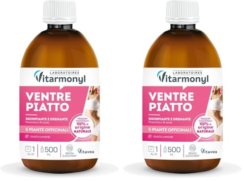 Ventre Piatto - Drenante Forte Dimagrante - Ritenzione Idrica - Contro il Gonfiore - Detox Quotidiano - Con Finocchio, Menta e Tè Verde - Gusto Limone - Vitarmonyl (Confezione da 2)