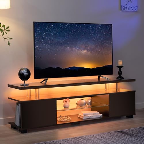 Cubehom LED TV-Schrank 130 cm, Modernes TV Lowboard mit LED-Beleuchtung und Stauraum, Fernsehtisch für Wohnzimmer, für Fernseher bis 60 Zoll,Schwarz