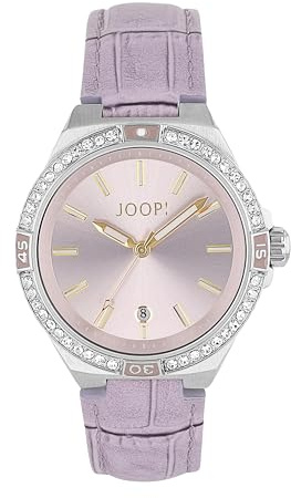 JOOP! Armbanduhr mit Lederband für Damen, mit Kristallglas, Silber, wasserdichte 5 bar, Geschenkidee, kommt in Uhren Geschenkbox, 2100483