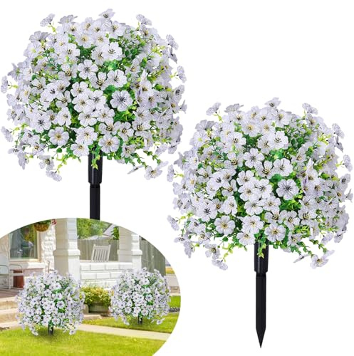 2 Pezzi 60cm Bosso Artificiale da Esterno Piante Finte con Picchetto Bianco | Bosso Finto Ø40cm Bossi Artificiali Arbusti Cespugli Finti Resistenti ai Raggi UV per Balcone Terrazza Giardino Deco Esterni