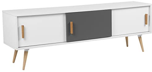 Meuble TV en MDF Blanc et Gris avec 3 Portes Coulissantes et 2 Rangements Indiana
