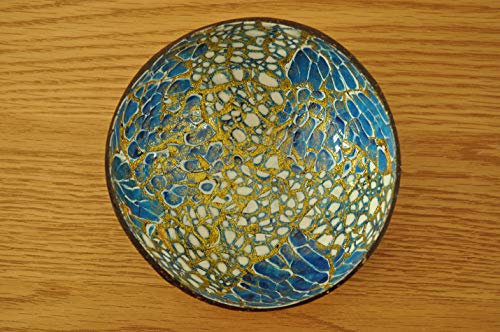 Bol à noix de coco fait à la main - Bol rond en bois naturel - Peinture laquée brillante incrustée avec coquille d'œuf - Bol à bonbons bleu doré - H066
