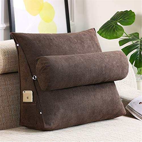 RAILONCH Dreieck-Keilkissen, Rückenkissen mit Abnehmbarer Nackenkissen, Keilkissen Lesekissen, Rückenstützkissen mit Seitentasche für Lesen Couch Sofa (Braun,45 x 45 x 20 cm)