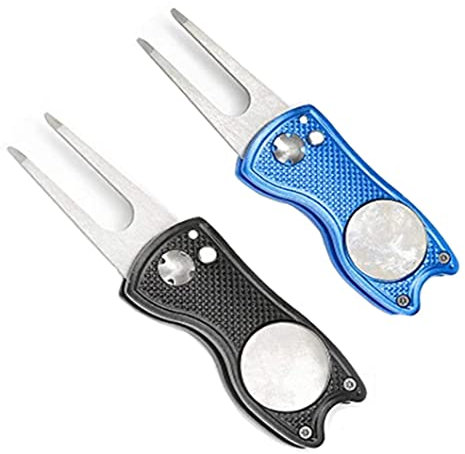 Haihaz,2 Stück Golf Pitchgabel,Edelstahl Golf Divot Tool,Gabel Golf Pitchgabel,Golf Divot Tool,Edelstahl Golf Pitchgabel,Golf Reparatur Pitchgabel,Mit Pop-up-Taste und Magnetischer Kugelmarkierung