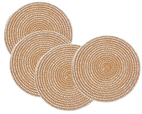 SCF2017 Round Woven Paper Straw Placemats 18cm Small Table Mats Coasters Set of 4,Khaki
